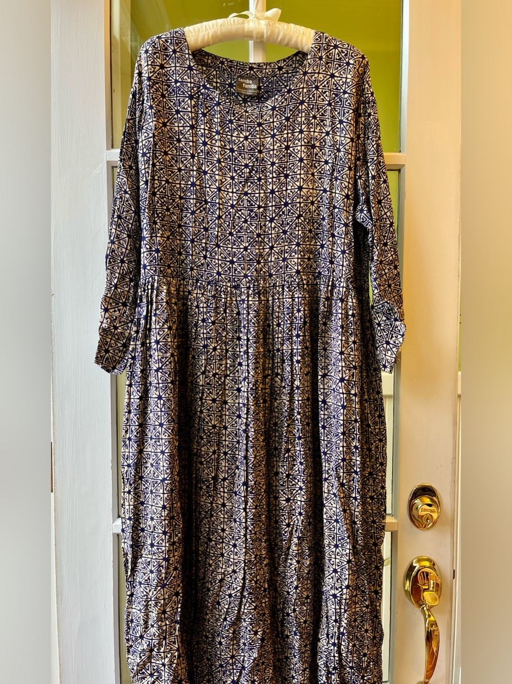 Tamba Batik Geometric Maxi Dress in Navy Blue & White Boho from Indonesia